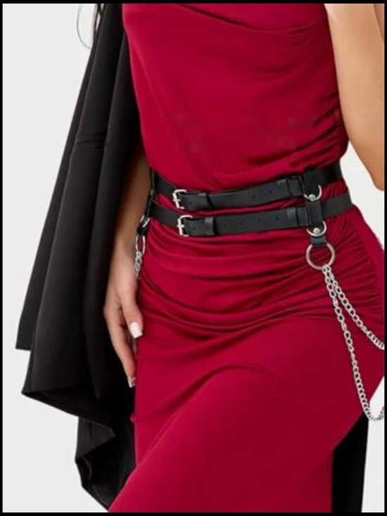 Punk Goth Chain Waist Harness Belt Adjustable Double-Layer PU Leather Statement main image 4